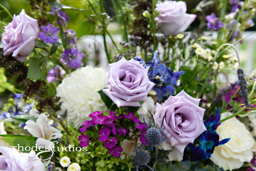 Blue and purple wedding floral